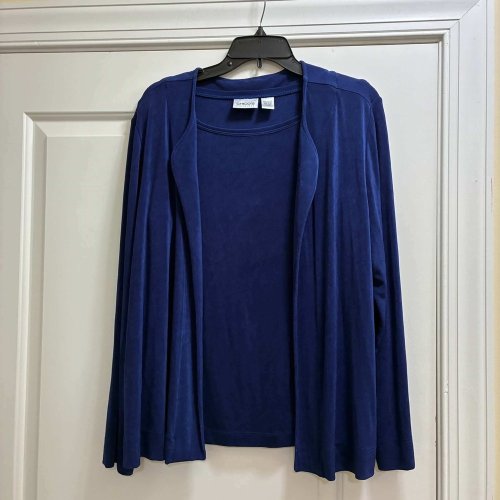 Chicos Cardigan Tank Top Set Womens 3 Royal Blue 2 Piece Open Front Stretch